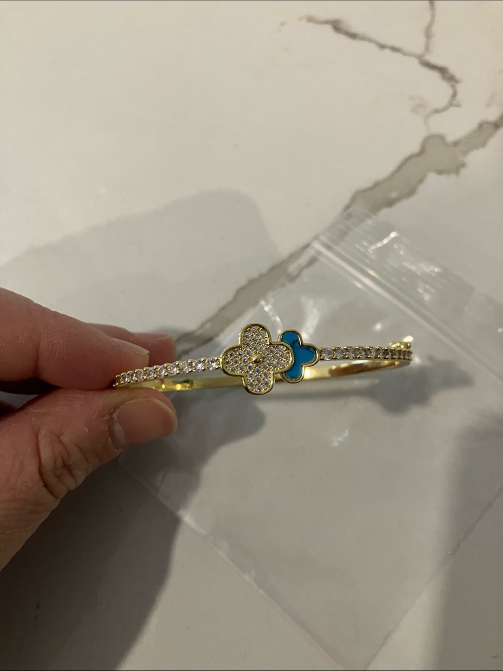 Gold Clover Bangle with Blue Enamel and Crystal Pavé
